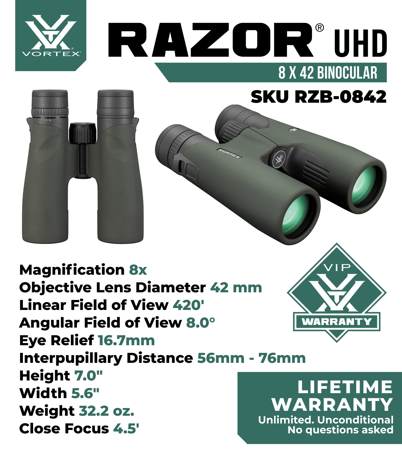 Vortex Optics Razor UHD 8x42 Waterproof Binocular (RZB-0842) - RZB-0842