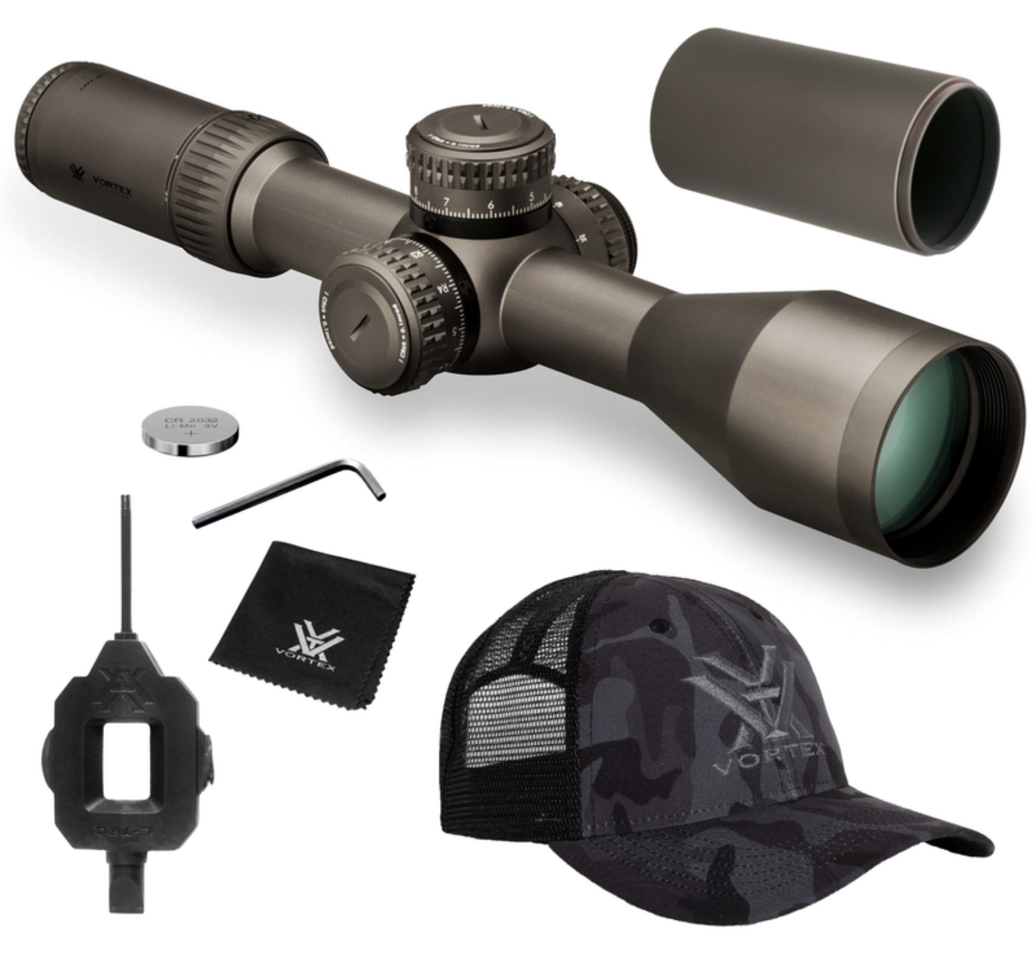 Vortex Optics Razor HD Gen II 4.5-27x56 FFP Riflescope  (MRAD), 34mm Tube with Vortex Optics Free Hat, Black Camo Bundle - EBR-7C