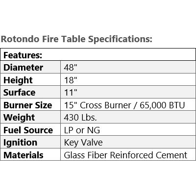 Rotondo Fire Table Specifications