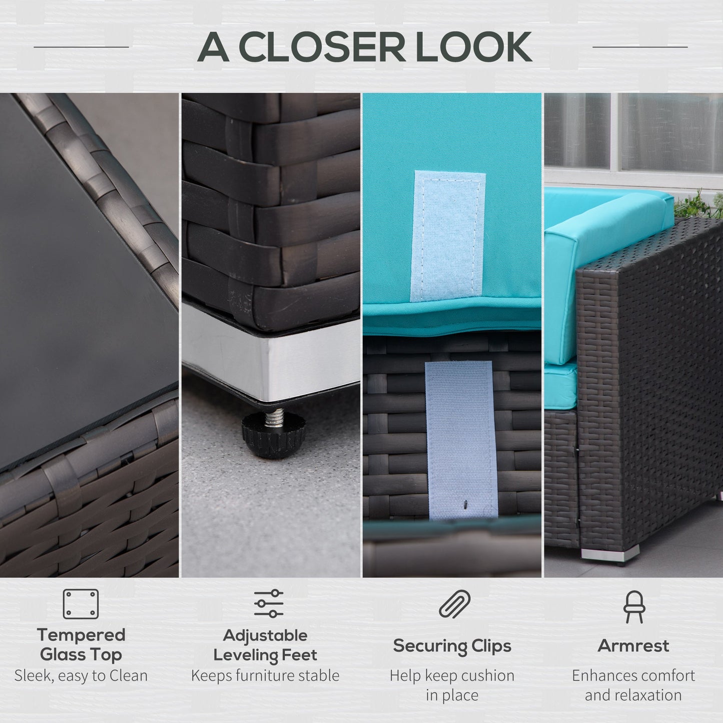 Outsunny 7-Piece All-Weather PE Rattan Sectional Sofa with Glass Coffee Table & Cushions, Turquoise - 860-020CF