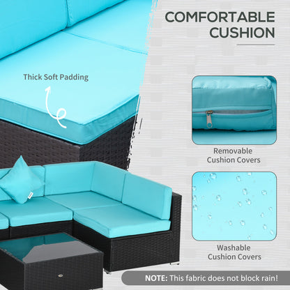 Outsunny 7-Piece All-Weather PE Rattan Sectional Sofa with Glass Coffee Table & Cushions, Turquoise - 860-020CF
