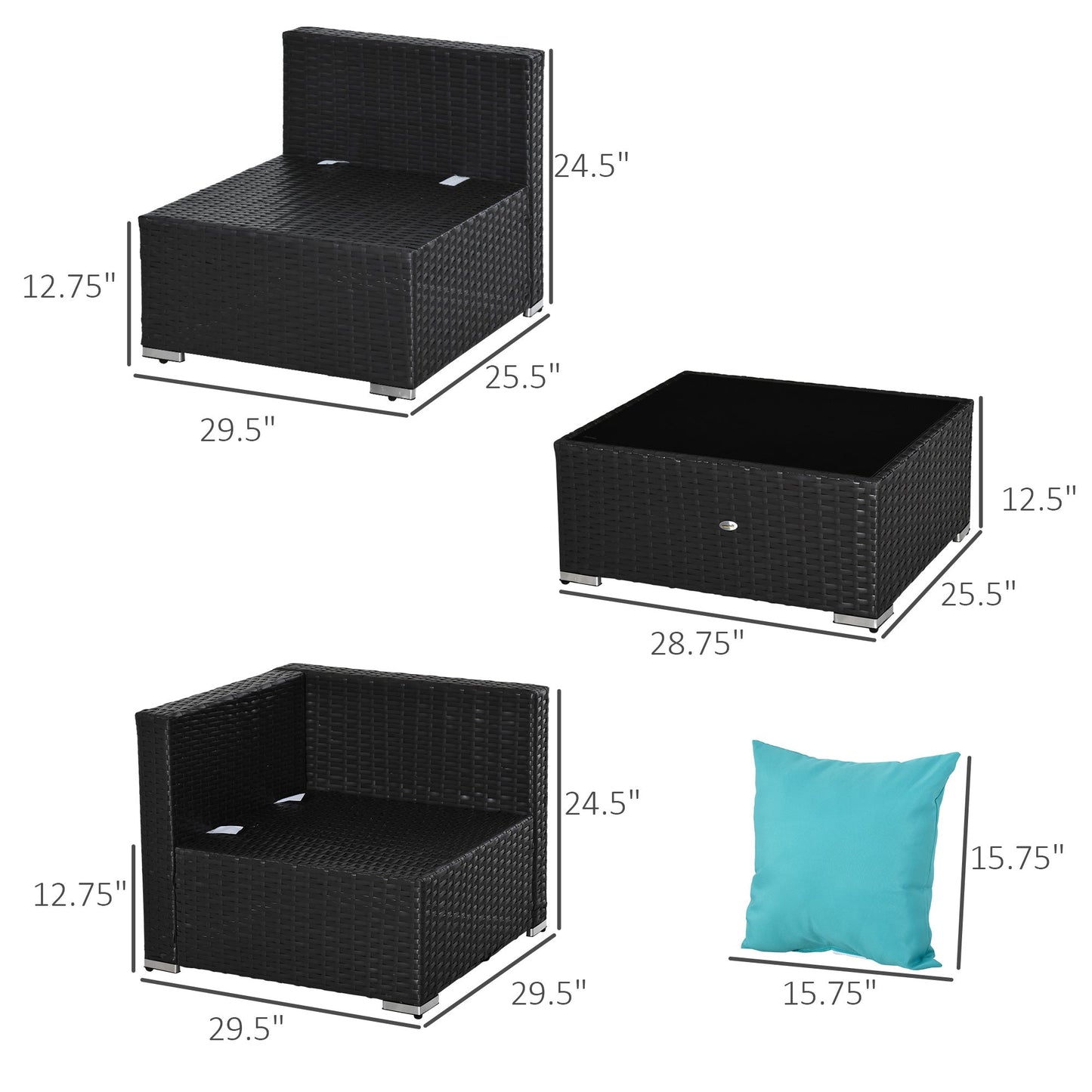 Outsunny 7-Piece All-Weather PE Rattan Sectional Sofa with Glass Coffee Table & Cushions, Turquoise - 860-020CF