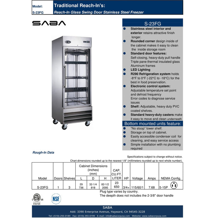 SABA S-23FG - One Glass Door Commercial Reach-In Freezer - S-23FG