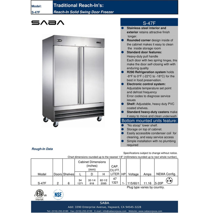 SABA S-47F - Two Door Commercial Reach-In Stainless Steel Freezer - S-47F