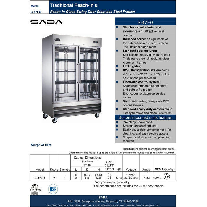 SABA S-47FG - Two Glass Door Commercial Reach-In Freezer - S-47FG