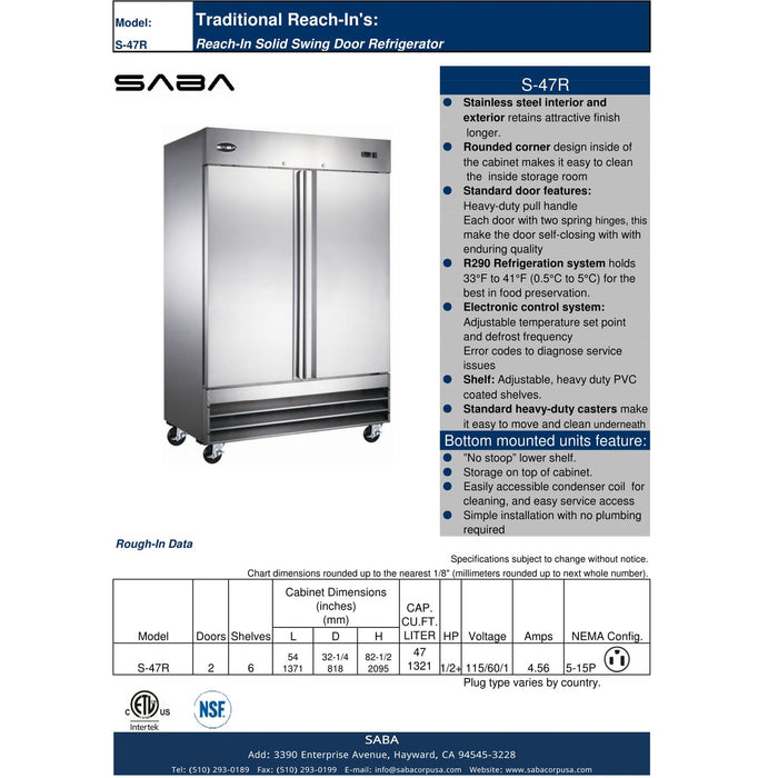 SABA S-47R - Two Door Commercial Reach-In Stainless Steel Cooler - S-47R