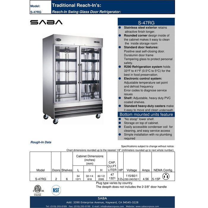 SABA S-47RG - Two Glass Door Commercial Reach-In Cooler - S-47RG