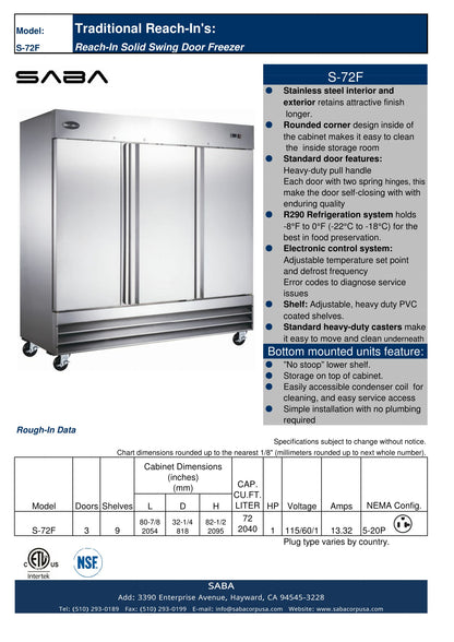 SABA Three Door Commercial Reach-In Stainless Steel Freezer -  S-72F