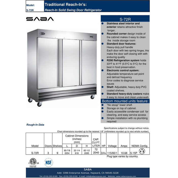 SABA S-72R - Three Door Commercial Reach-In Stainless Steel Cooler - S-72R