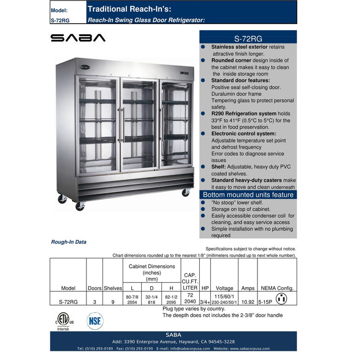 SABA S-72RG - Three Glass Door Commercial Reach-In Cooler - S-72RG