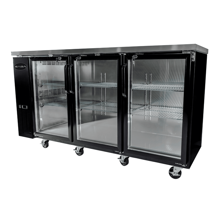 SABA SBB-24-72G - 24" Depth 72" Three Glass Door Commercial Back Bar Cooler Black - SBB-24-72G