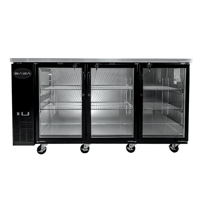 SABA SBB-24-72G - 24" Depth 72" Three Glass Door Commercial Back Bar Cooler Black - SBB-24-72G