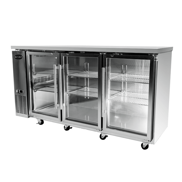 SABA SBB-24-72GSS - 24" Depth 72" Three Glass Door Commercial Back Bar Cooler Stainless Steel - SBB-24-72GSS