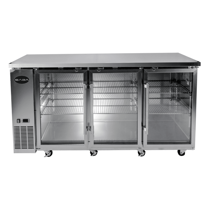 SABA SBB-24-72GSS - 24" Depth 72" Three Glass Door Commercial Back Bar Cooler Stainless Steel - SBB-24-72GSS