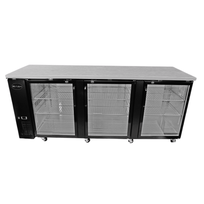 SABA SBB-27-90G - 27" Depth 90" Three Glass Door Commercial Back Bar Cooler Black - SBB-27-90G