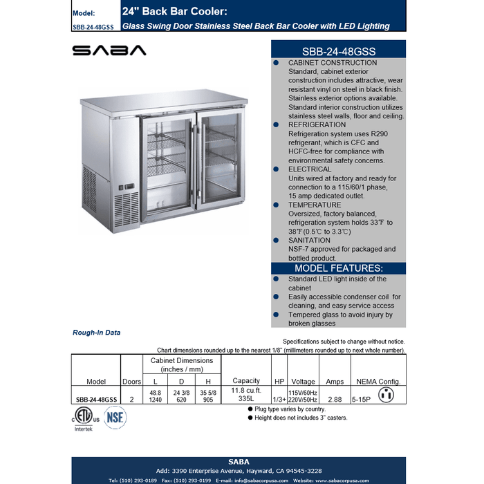 SABA SBB-24-48GSS - 24" Depth 48" Two Glass Door Commercial Back Bar Cooler Stainless Steel - SBB-24-48GSS