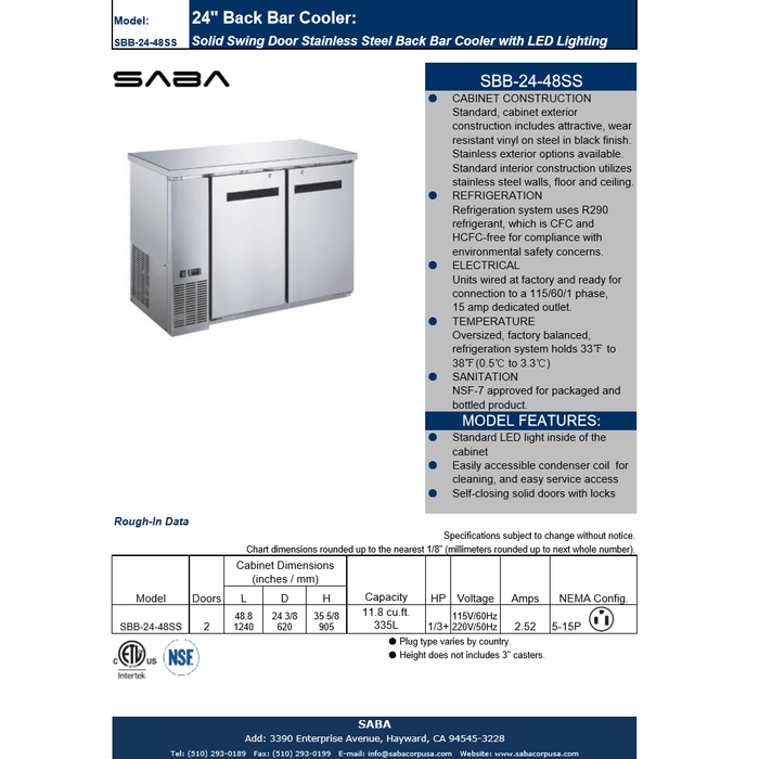 SABA SBB-24-48SS - 24" Depth 48" Two Door Commercial Back Bar Cooler Stainless Steel - SBB-24-48SS