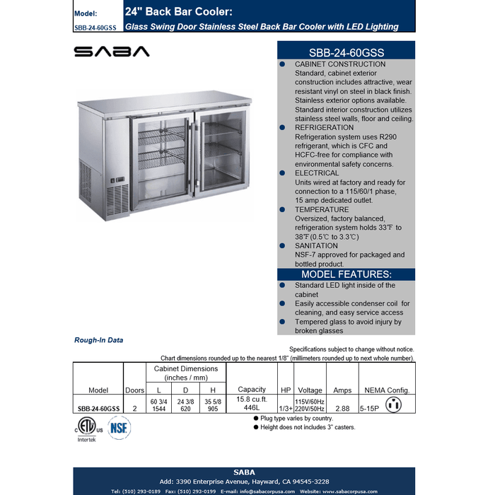 SABA SBB-24-60GSS - 24" Depth 60' Two Glass Door Commercial Back Bar Cooler Stainless Steel - SBB-24-60GSS