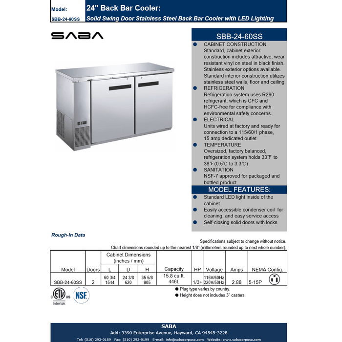 SABA SBB-24-60SS - 24" Depth 60" Two Door Back Bar Cooler Stainless Steel - SBB-24-60SS