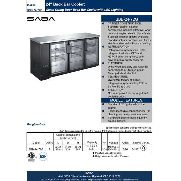 SABA SBB-24-72G - 24" Depth 72" Three Glass Door Commercial Back Bar Cooler Black - SBB-24-72G