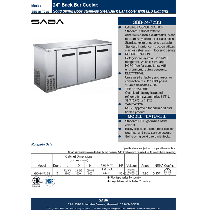 SABA SBB-24-72SS - 24" Depth 72' Three Door Commercial Back Bar Cooler Stainless Steel - SBB-24-72SS