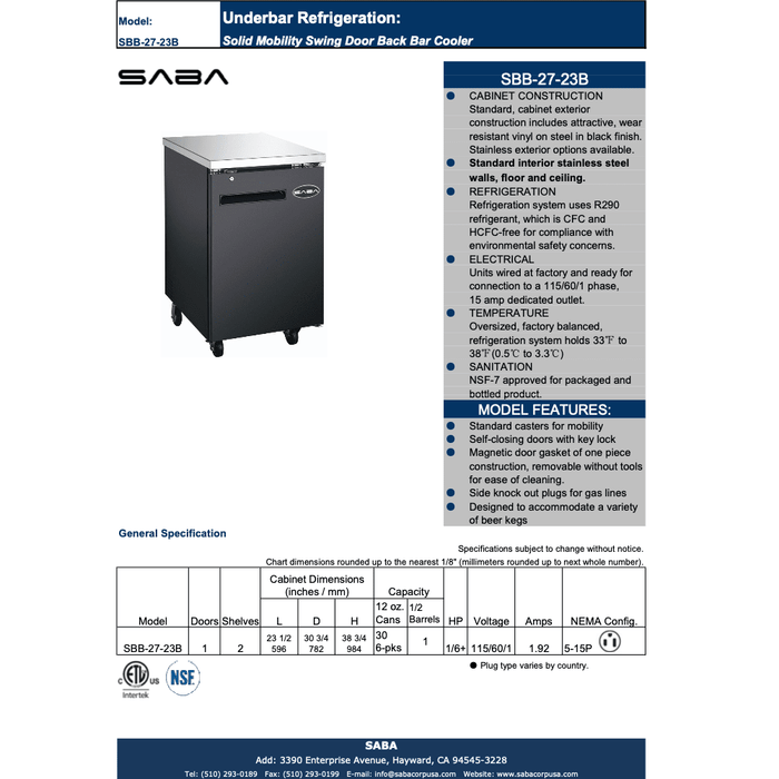 SABA SBB-27-23B - 27" Depth 23" One Door Commercial Back Bar Cooler Black - SBB-27-23B