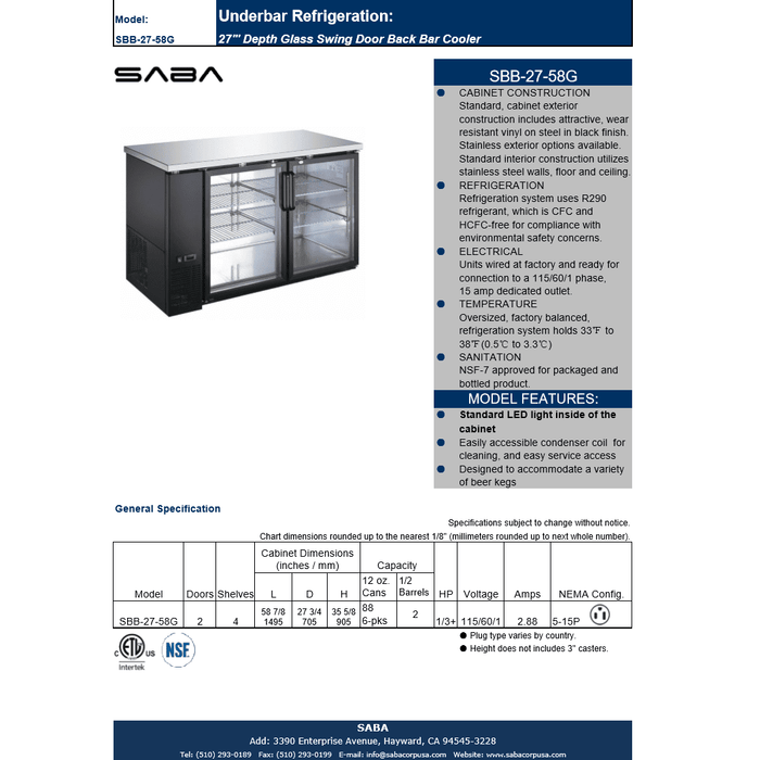 SABA SBB-27-58G - 27" Depth 58' Two Glass Door Commercial Back Bar Cooler Black - SBB-27-58G