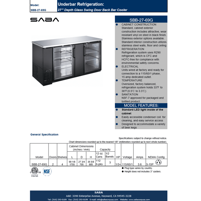 SABA SBB-27-69G - 27" Depth 69" Two Glass Door Commercial Back Bar Cooler Black - SBB-27-69G