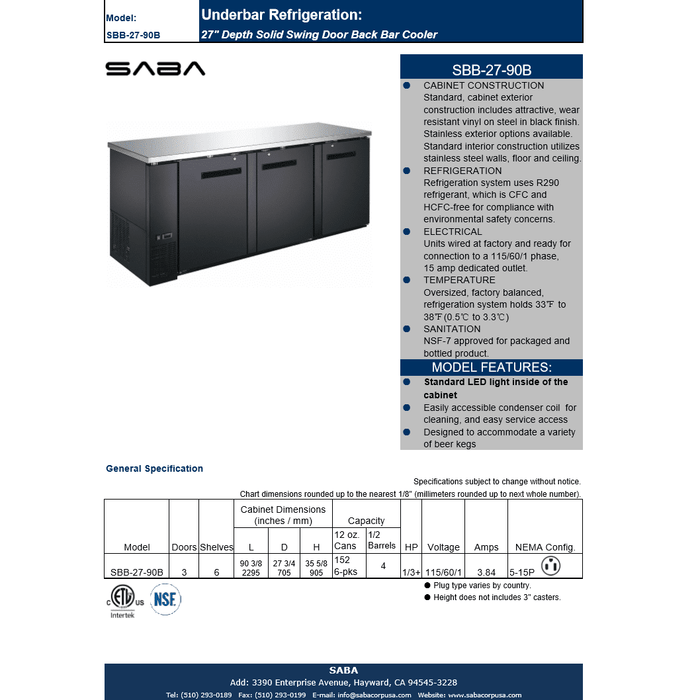 SABA SBB-27-90B - 27" Depth 90" Three Door Commercial Back Bar Cooler Black - SBB-27-90B