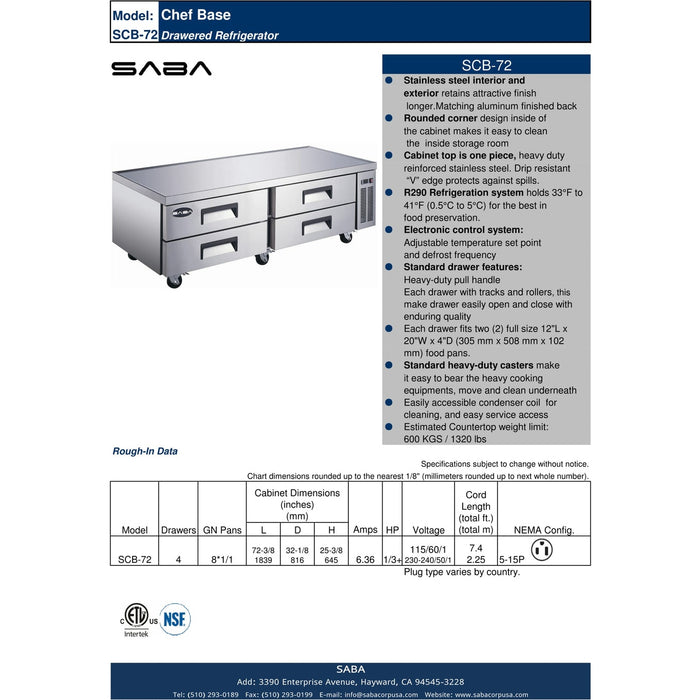 SABA SCB-72 - 72" Four Drawer Commercial Chef Base Cooler - SCB-72