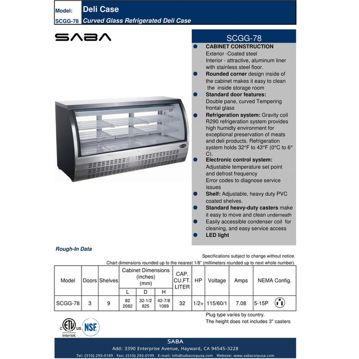 SABA SCGG-78 - 82" Curved Glass Commercial Deli Case - SCGG-78