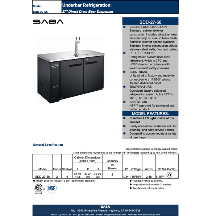 SABA SDD-27-58 - 58" Two Door Commercial Draft Beer Dispenser - SDD-27-58