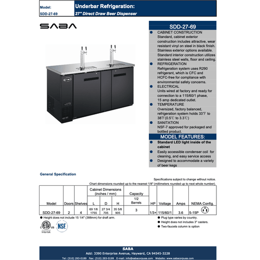 SABA SDD-27-69 - 69" Two Door Commercial Draft Beer Dispenser - SDD-27-69