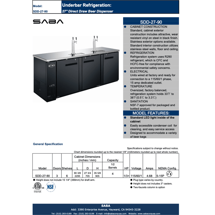 SABA SDD-27-90 - 90" Three Door Commercial Draft Beer Dispenser - SDD-27-90