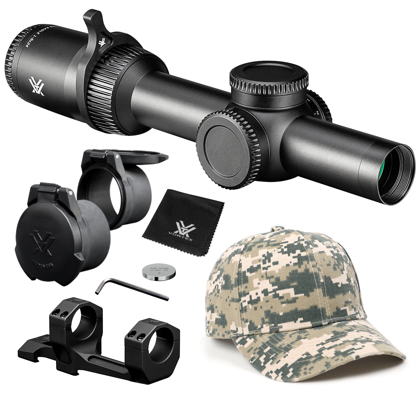 Vortex Optics Strike Eagle 1-8x24 EBR-8 MOA 30mm Riflescope with Vortex Optics 30 mm Precision Matched Medium Rings (0.97in) (Picatinny or  Weaver) or with Precision Extended Cantilever Mount 30 mm and with Vortex Optics Free Hat Bundle