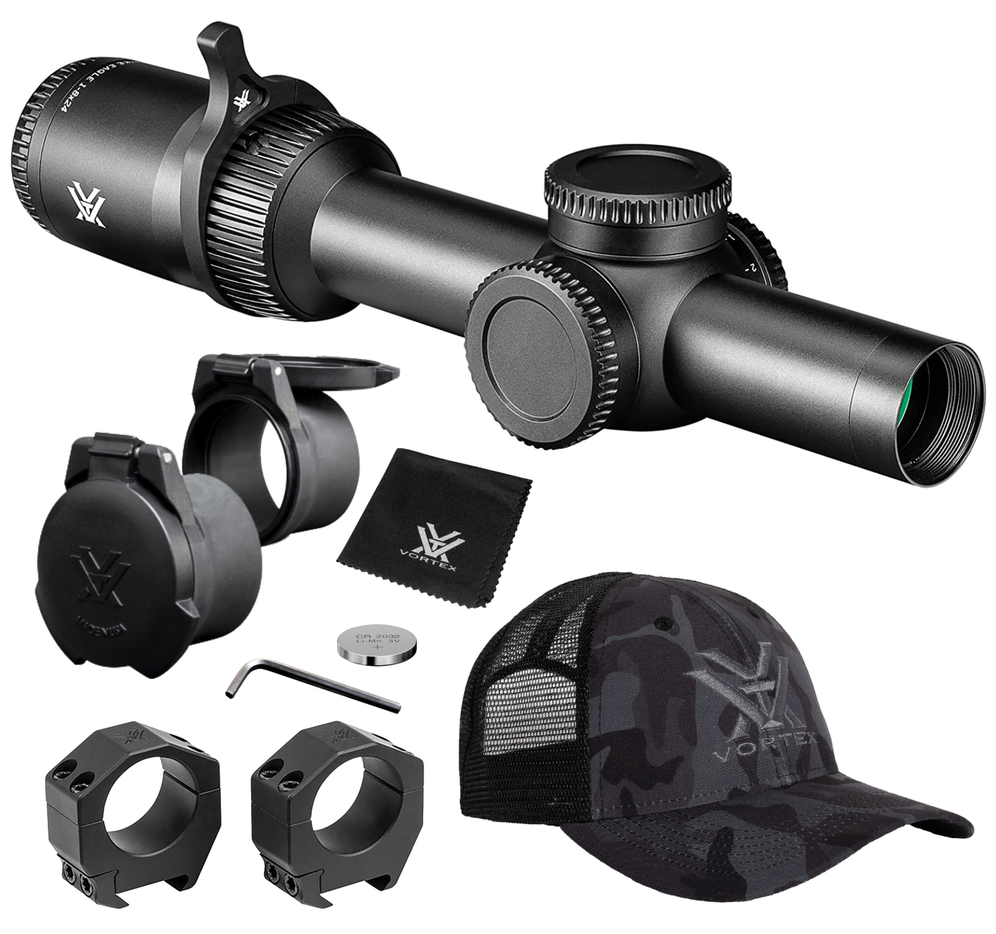 Vortex Optics Strike Eagle 1-8x24 EBR-8 MOA 30mm Riflescope with Vortex Optics 30 mm Precision Matched Medium Rings (0.97in) (Picatinny or  Weaver) or with Precision Extended Cantilever Mount 30 mm and with Vortex Optics Free Hat Bundle