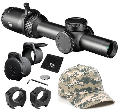 Vortex Optics Strike Eagle 1-8x24 EBR-8 MOA 30mm Riflescope with Vortex Optics 30 mm Precision Matched Medium Rings (0.97in) (Picatinny or  Weaver) or with Precision Extended Cantilever Mount 30 mm and with Vortex Optics Free Hat Bundle