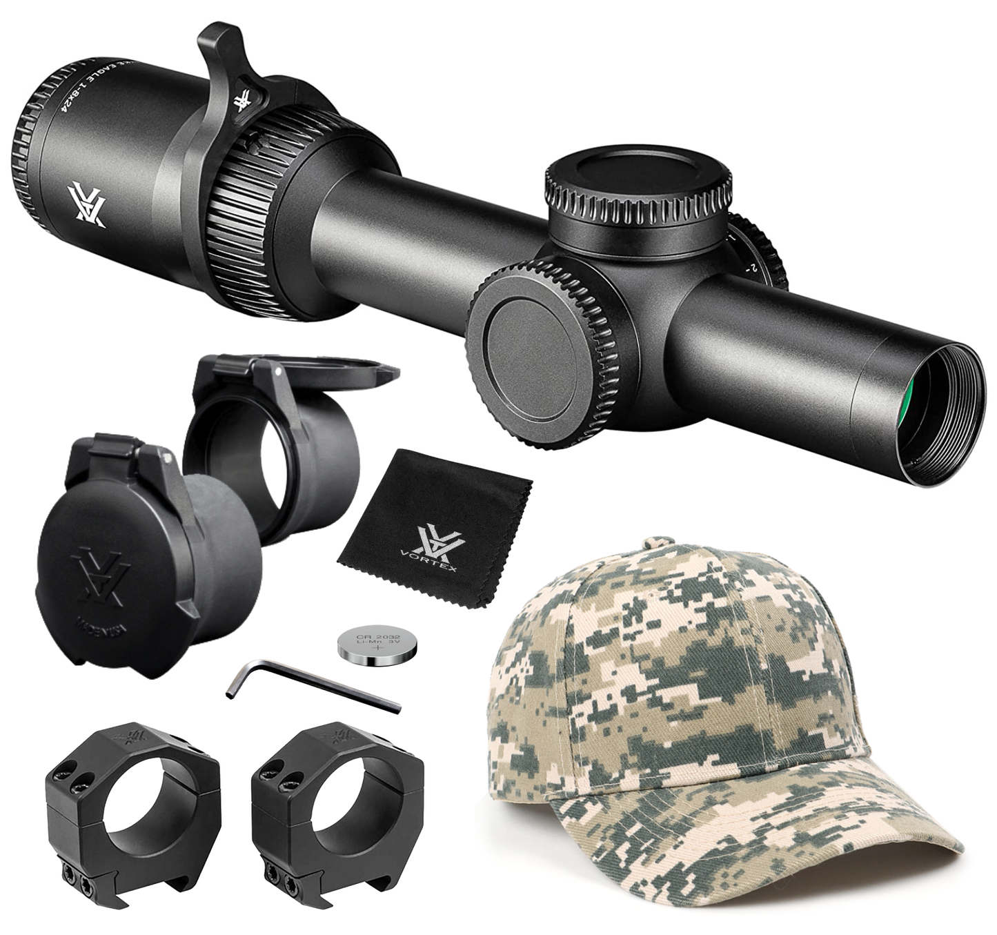 Vortex Optics Strike Eagle 1-8x24 EBR-8 MOA 30mm Riflescope with Vortex Optics 30 mm Precision Matched Medium Rings (0.97in) (Picatinny or  Weaver) or with Precision Extended Cantilever Mount 30 mm and with Vortex Optics Free Hat Bundle