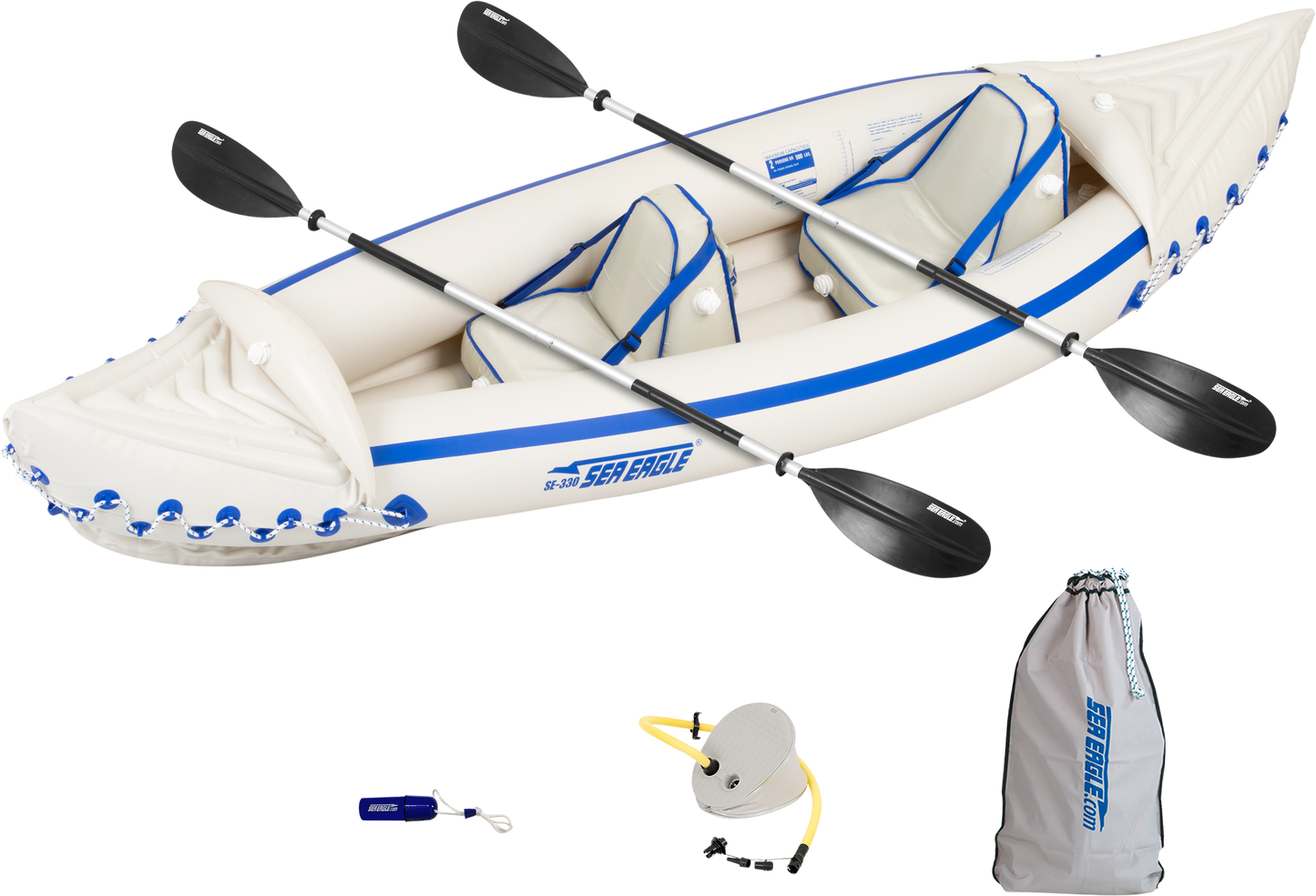 Sea Eagle 330 Inflatable Portable Sport Kayak Canoe 2 Person Pro Package With Paddles White Blue New - SE330K_P