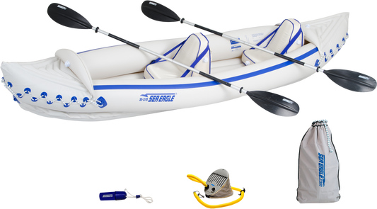 Sea Eagle 370 Inflatable Portable Sport Kayak Canoe 3 Person Pro Package With Paddles White Blue New - SE370K_P