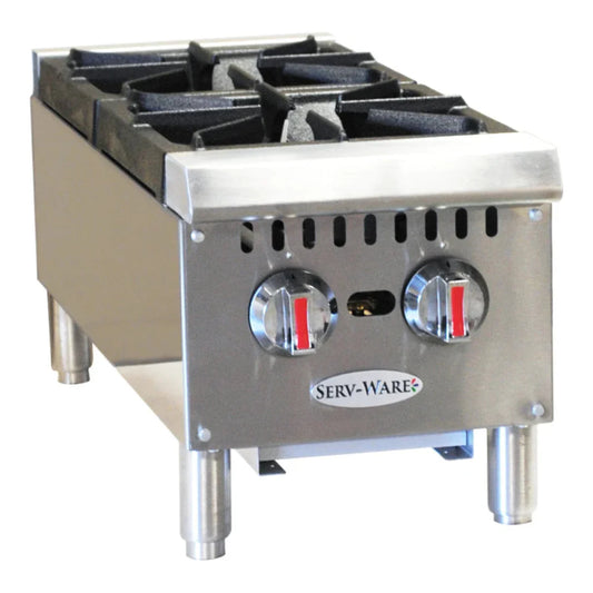 Serv-Ware SHPS-12 12” Stainless Steel  Hotplate with 2 Burners, Gas, 25,000 BTU/H - SHPS-12