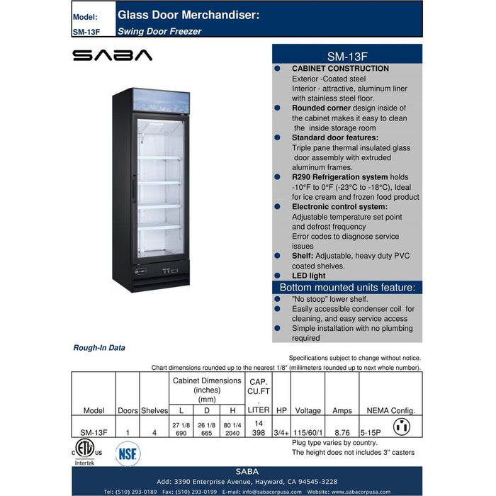 SABA SM-13F - One Glass Door Commercial Merchandiser Freezer - SM-13F