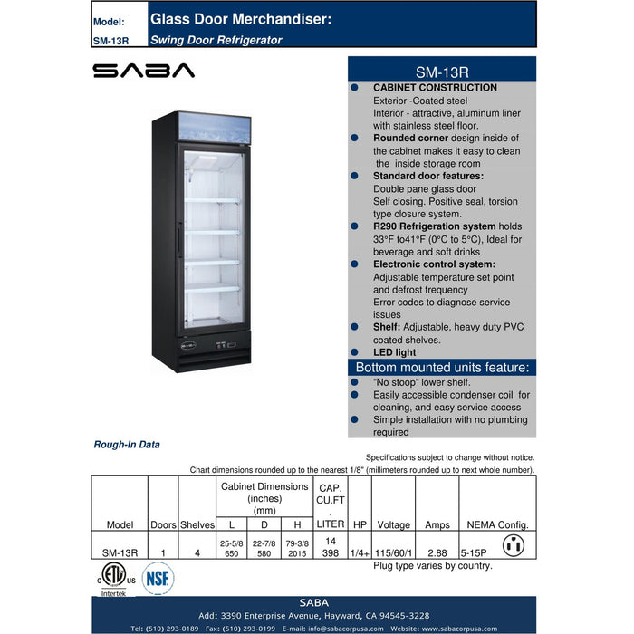 SABA SM-13R - One Glass Door Commercial Merchandiser Cooler - SM-13R