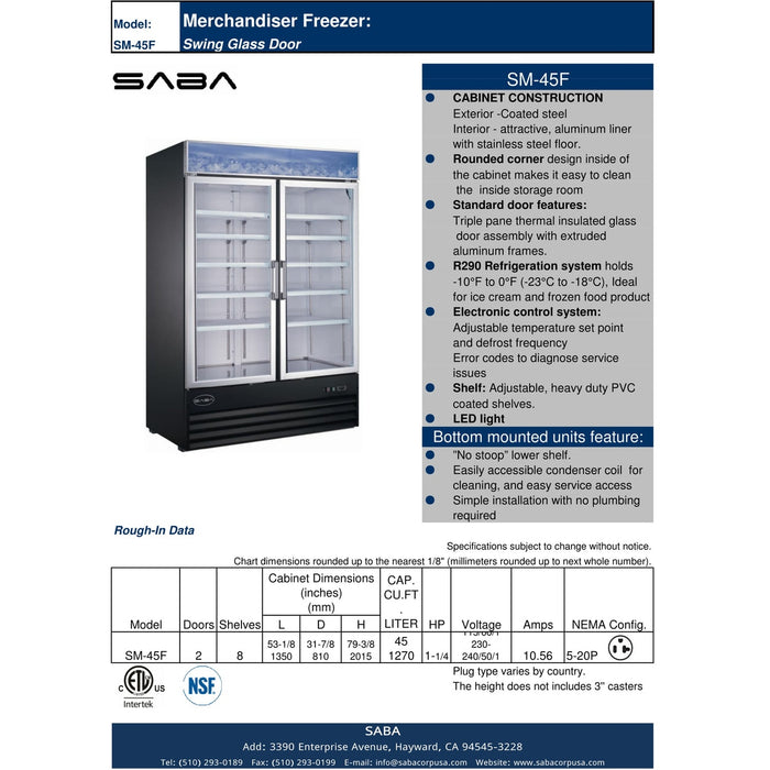 SABA SM-45F - Two Glass Door Commercial Merchandiser Freezer - SM-45F