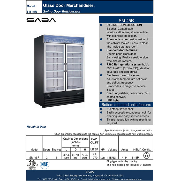 SABA SM-45R - Two Glass Swing Door Commercial Merchandiser Cooler - SM-45R