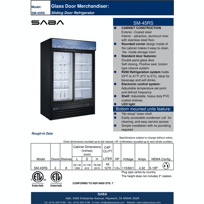 SABA SM-45RS - Two Glass Sliding Door Commercial Merchandiser Cooler - SM-45RS