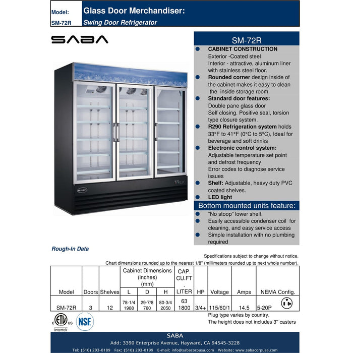 SABA SM-72R - Three Glass Door Commercial Merchandiser Cooler - SM-72R