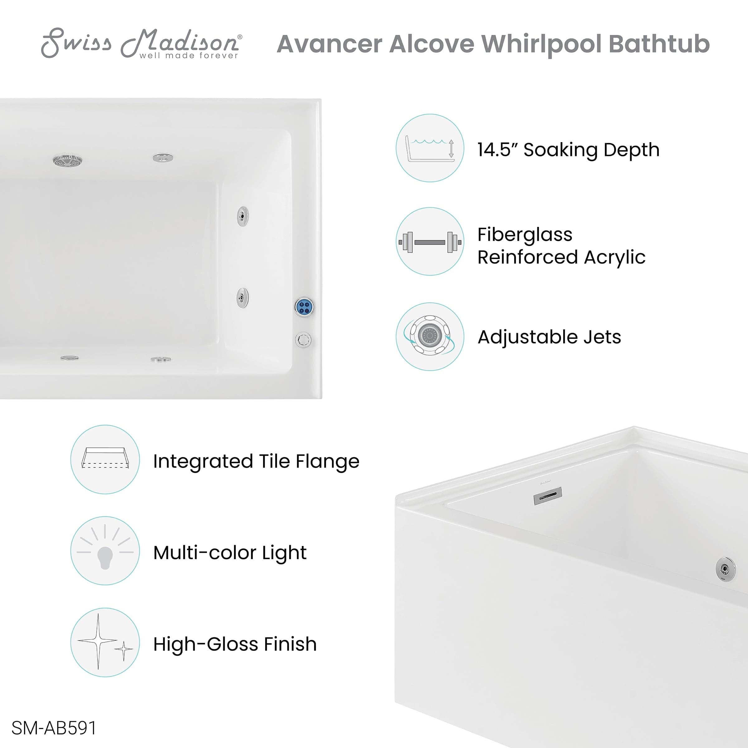 Swiss Madison Avancer 60" x 36" Right-Hand Drain Rectangular Alcove Whirlpool Bathtub with Apron - SM-AB591 - Backyard Provider