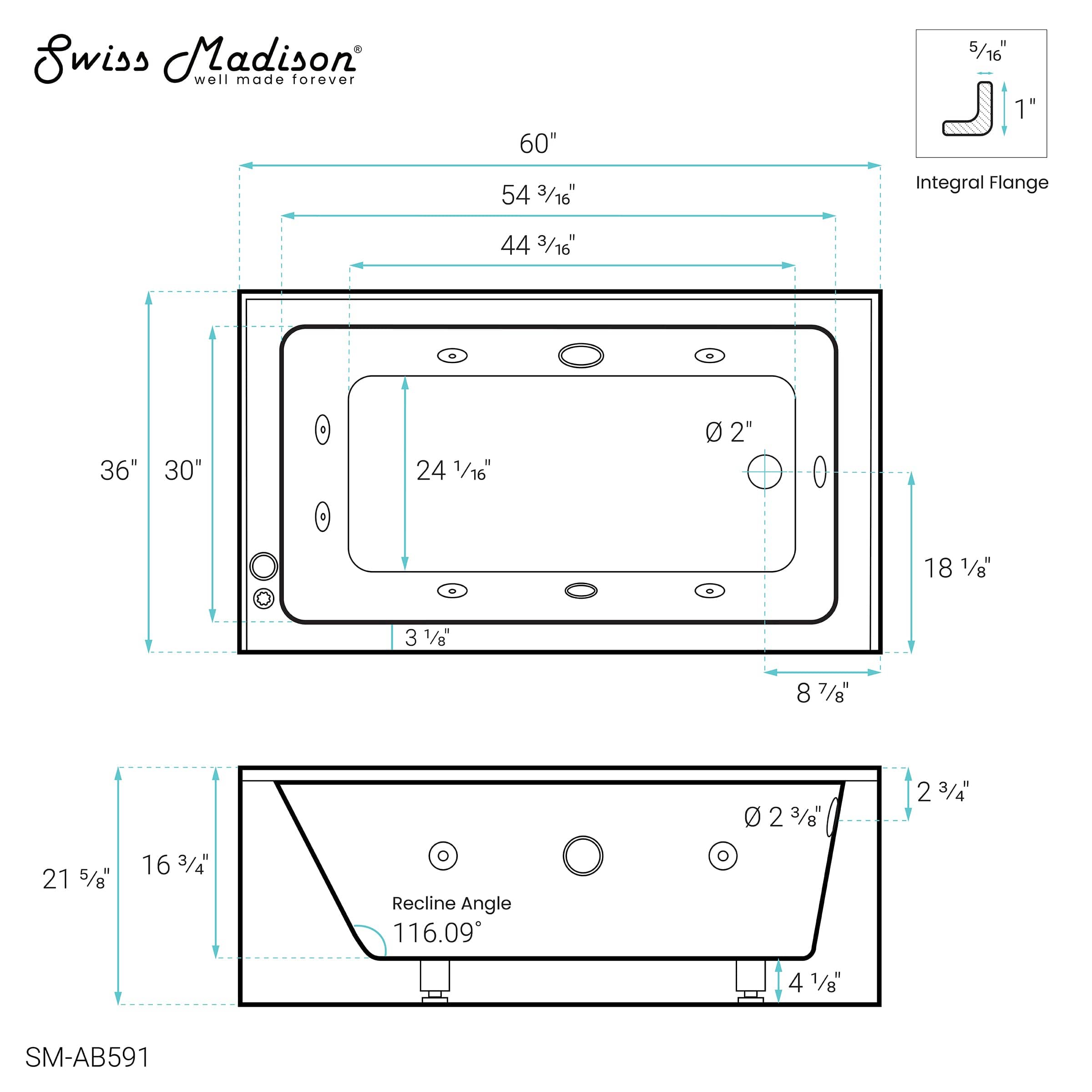 Swiss Madison Avancer 60" x 36" Right-Hand Drain Rectangular Alcove Whirlpool Bathtub with Apron - SM-AB591 - Backyard Provider