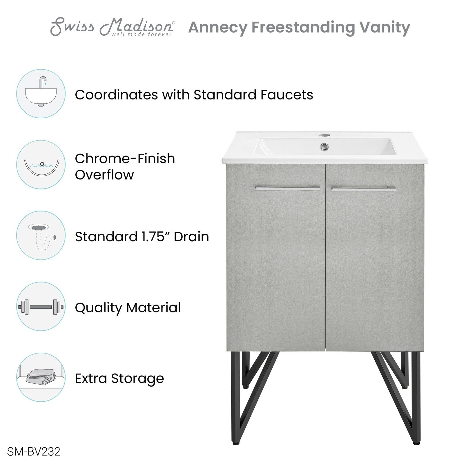 Swiss Madison Annecy 24" Bathroom Vanity in Brushed Grey - SM-BV232 - Backyard Provider